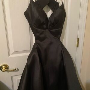 Rachel Allan Black Satin Prom Dress with Crisscross Halter